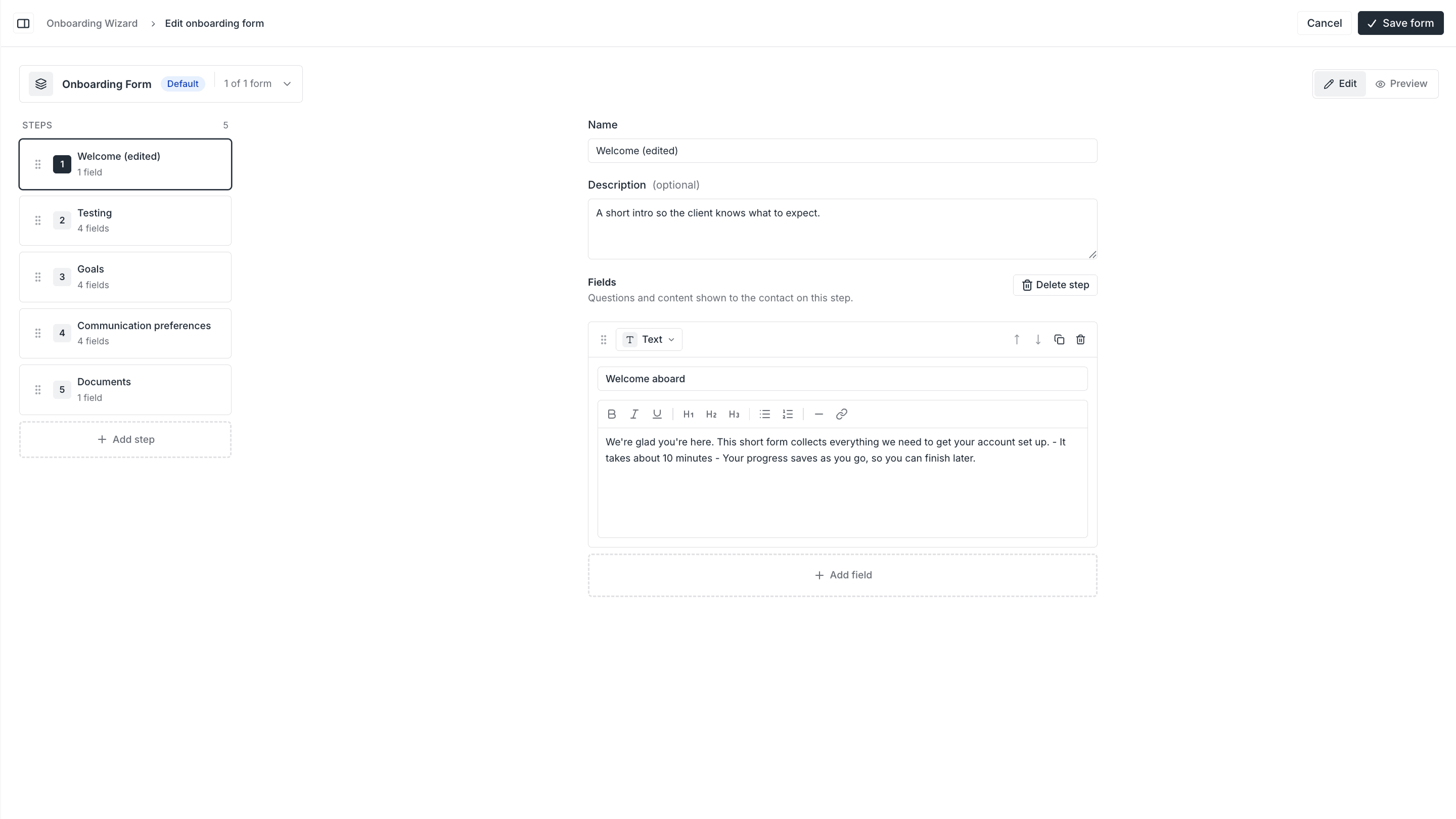 Client onboarding wizard preview 1